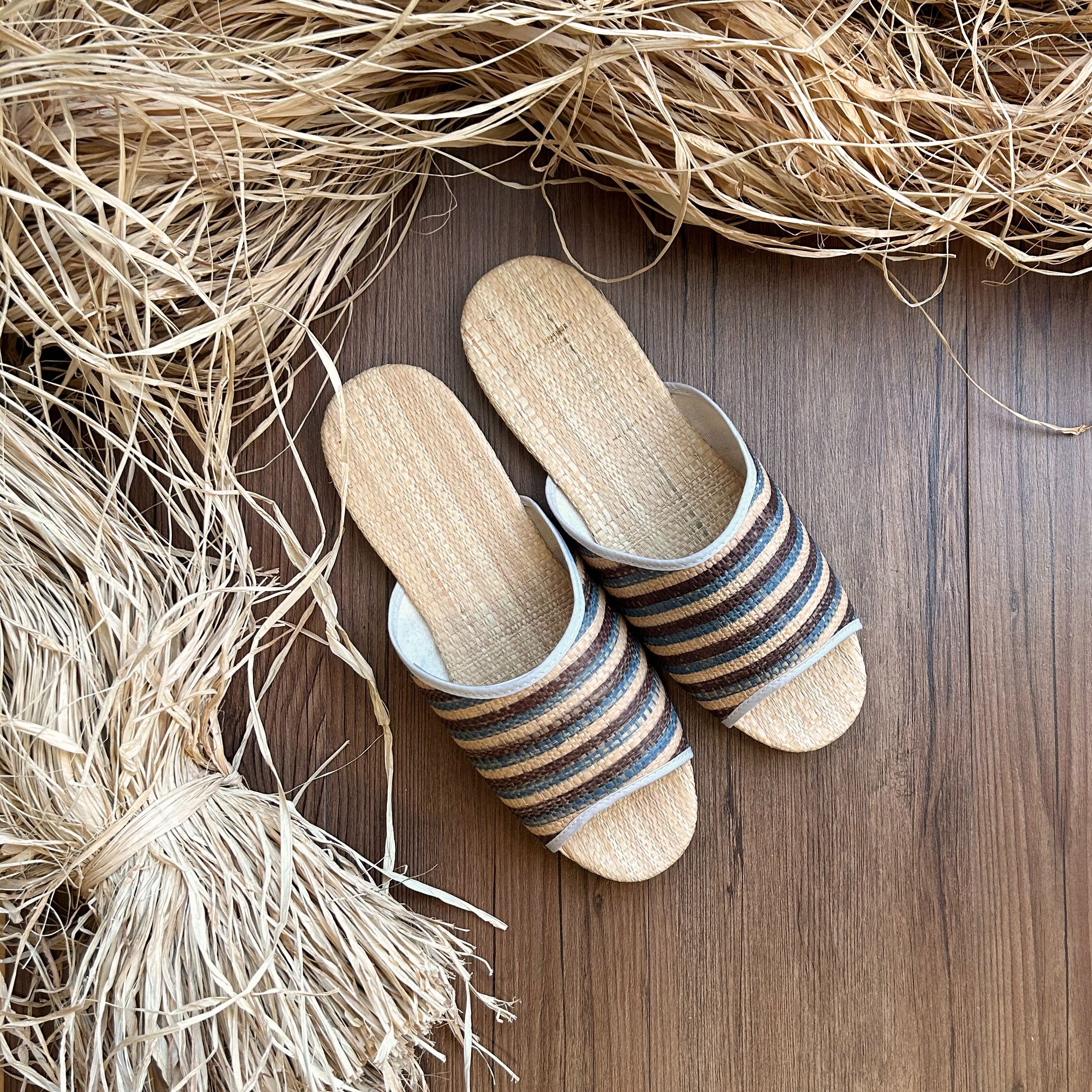 天然拉菲亞草編織室內拖鞋No.3 雙色條紋 #27/29