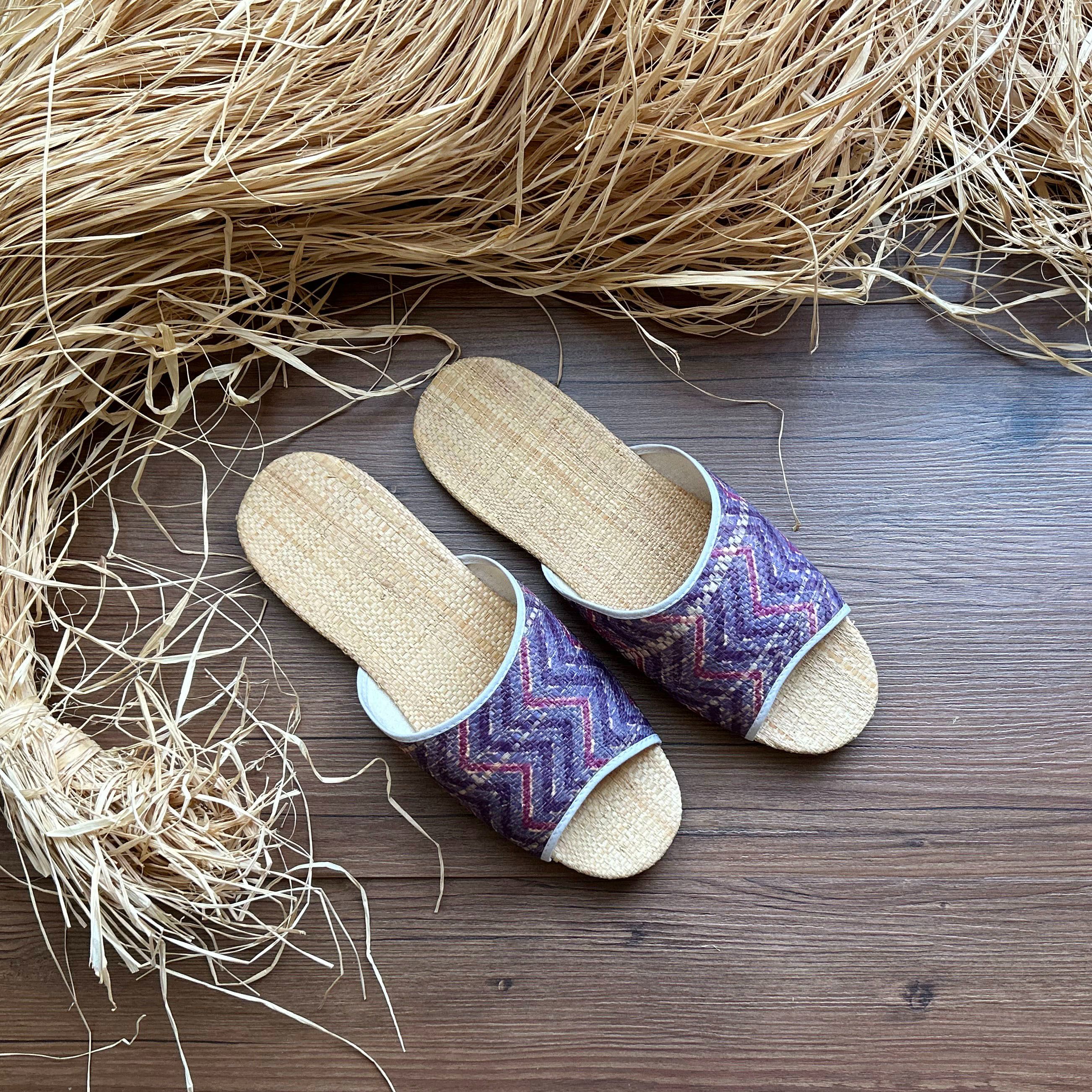 天然拉菲亞草編織室內拖鞋No.3 紫水波 #26/29