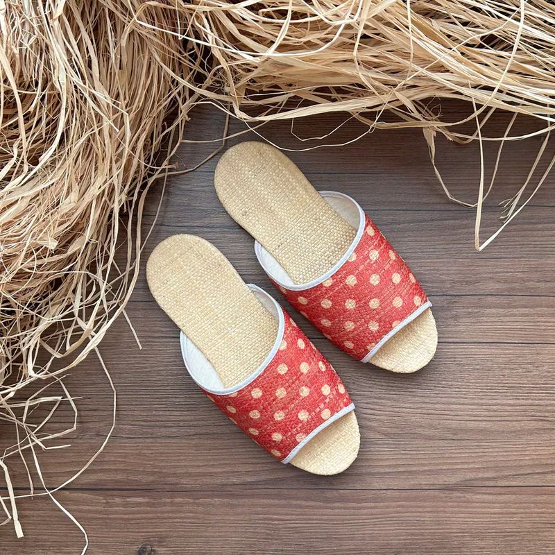 天然拉菲亞草編織室內拖鞋No.3 紅點點 #24