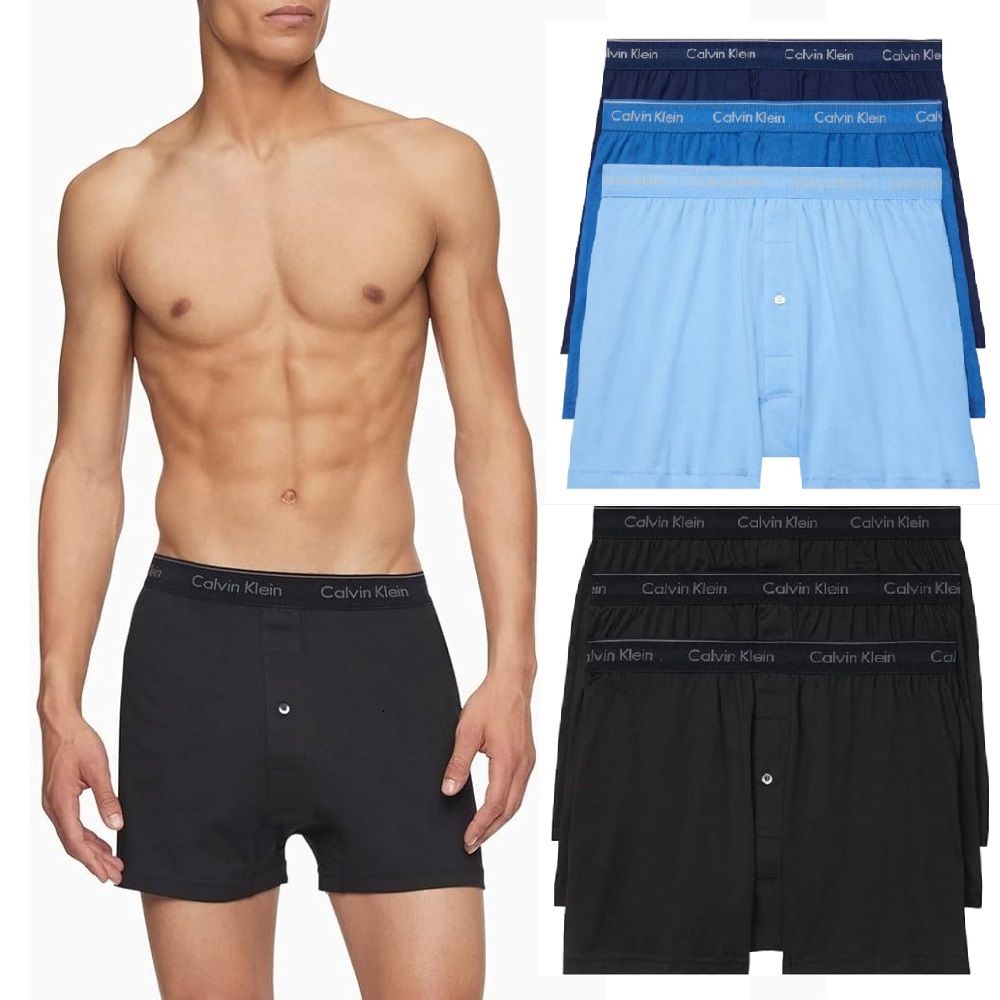 Calvin Klein 男士純棉經典針織平角內褲 前開式鈕 四角褲 男內褲 3件黑 藍 CK 正品 NB4005
