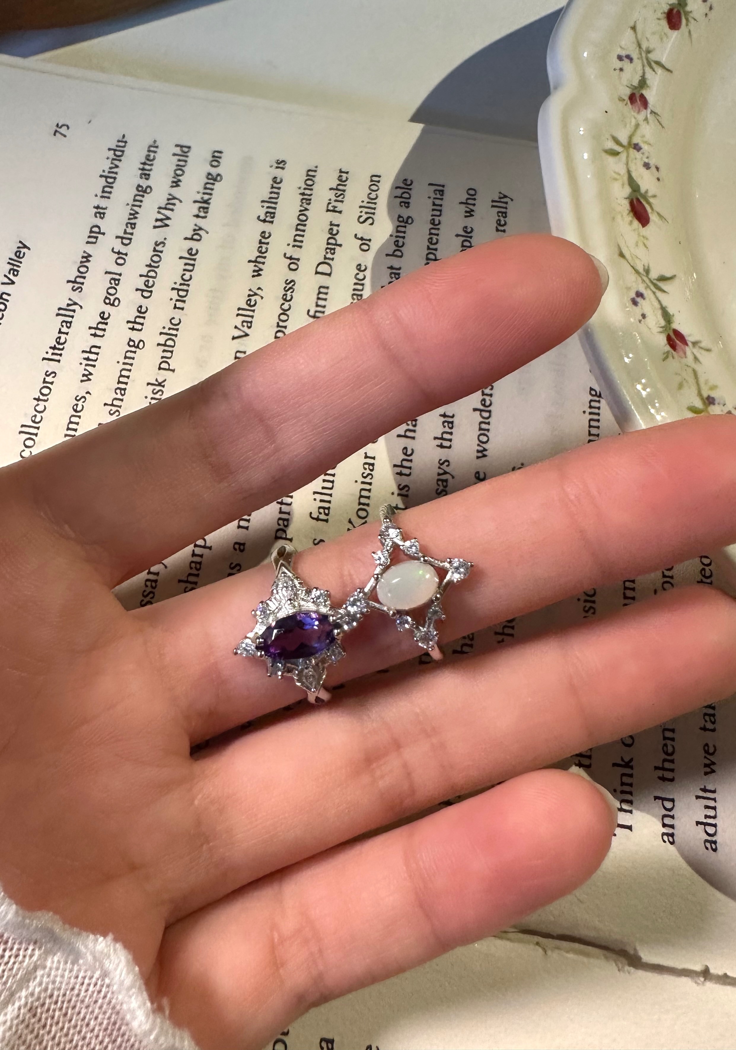 （鈦鋼）豪華款刻面紫水晶/蛋面歐泊戒指💍