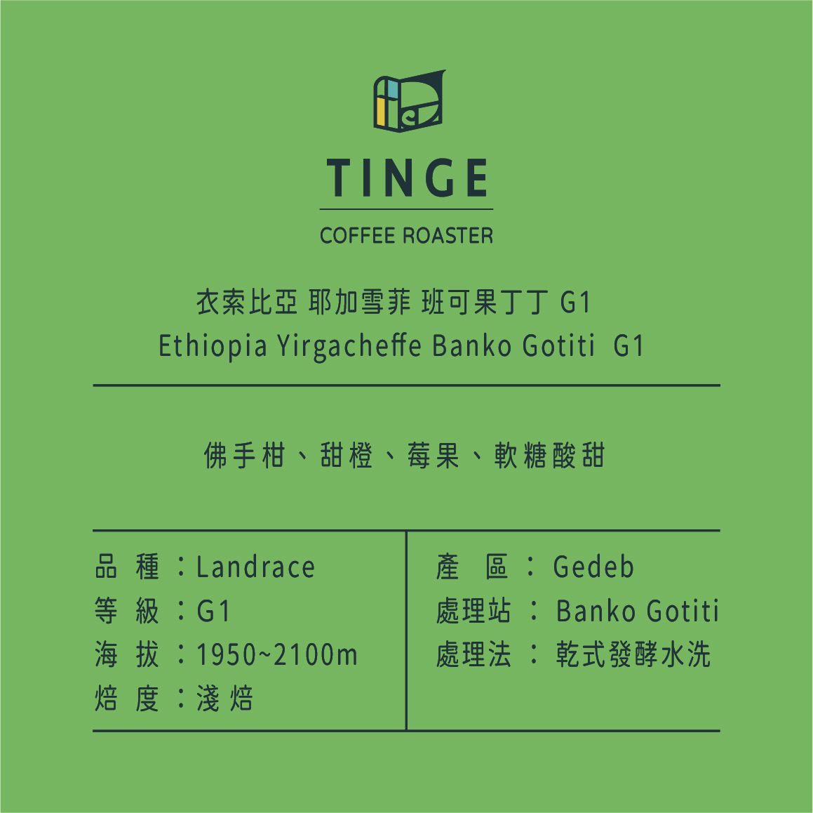 衣索比亞 耶加雪菲 班可果丁丁 乾式發酵水洗 自烘熟豆專賣