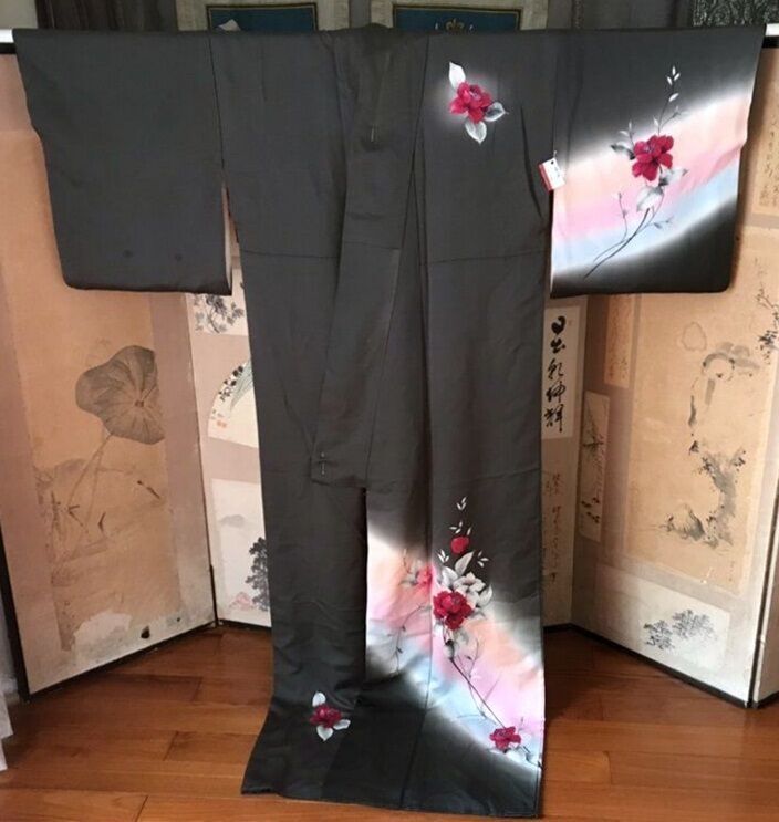 深綠底紅花大人和服整件