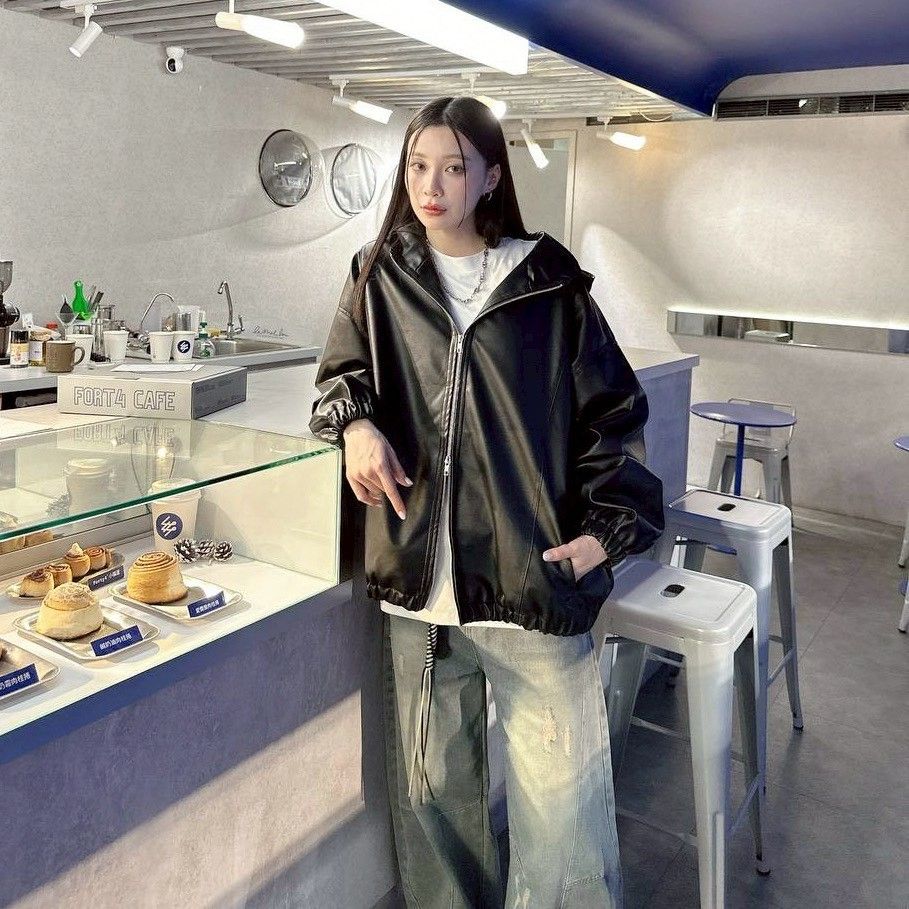 |預購|廓型雙鍊束口連帽皮夾克