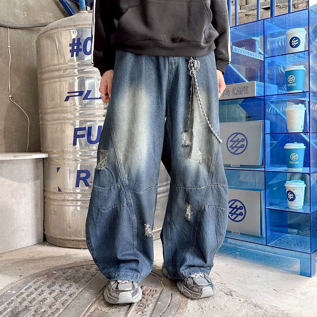 |預購|仿舊刷破落地彎刀褲