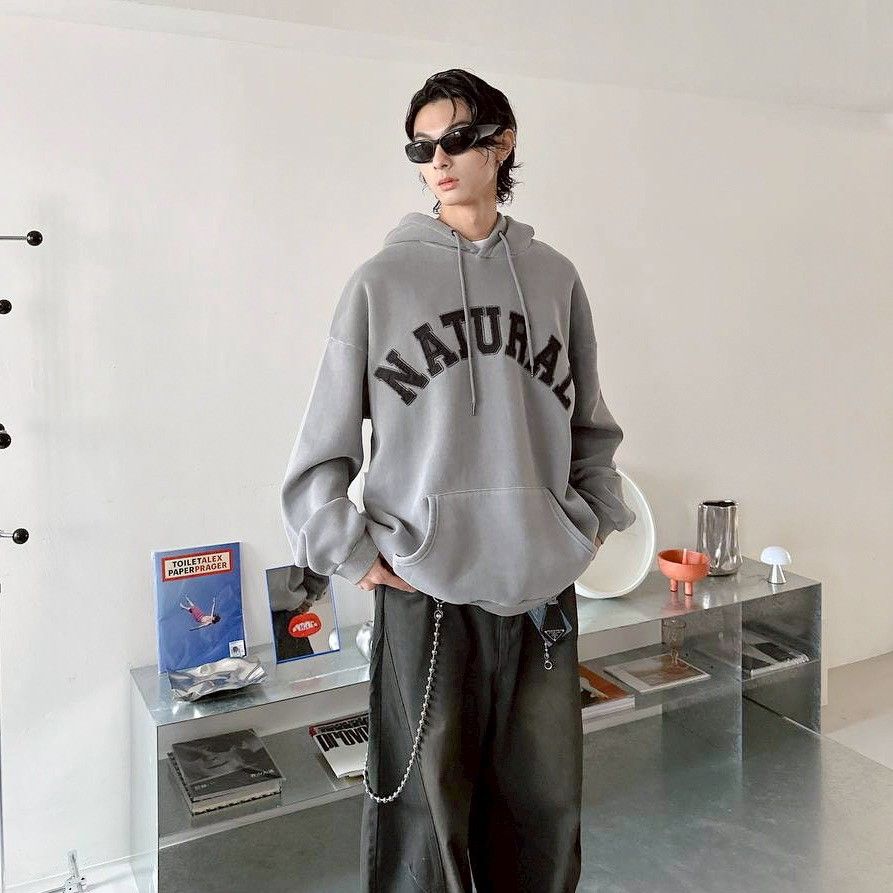 |預購|高磅 內刷毛 水洗NATURAL貼布 刺繡 潮流 百搭 長袖 上衣 連帽長T