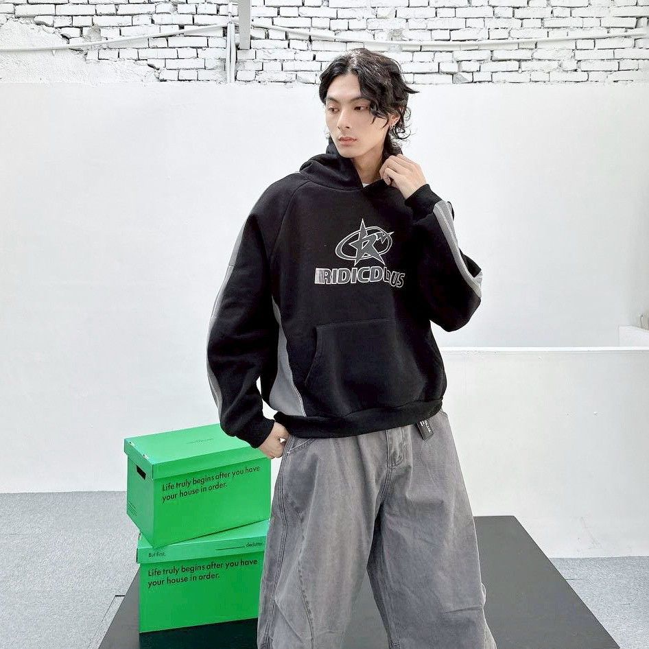 |預購|高磅 內刷 美式 拼接 拚色 閃電 星星 字母 印花 潮流 百搭 長袖 上衣 連帽長T