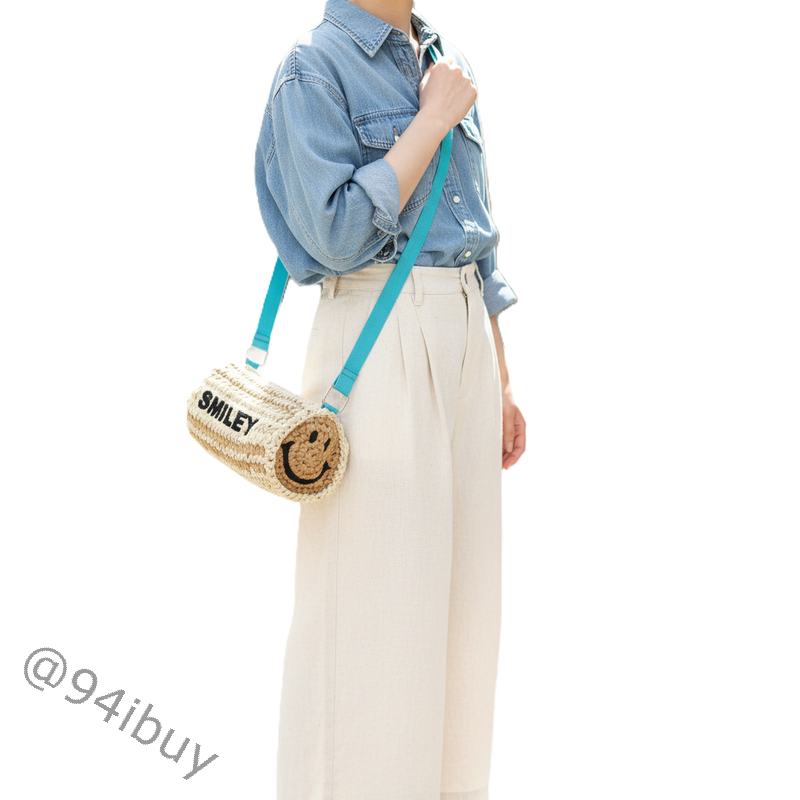 日本COOCO  SMILEY 微笑鼓型斜背包 草編籃包 約會風編織包 渡假肩背包 休閒風外出包 斜背小包 逛街