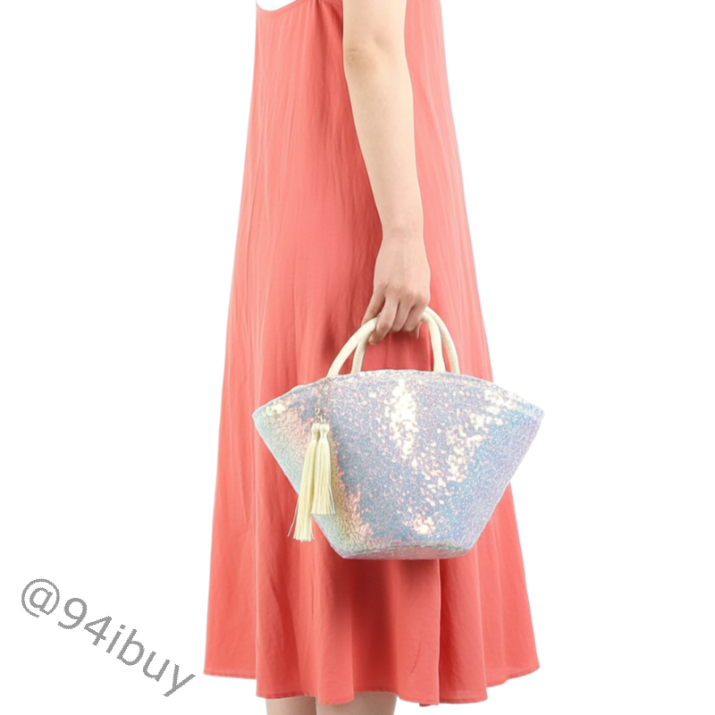 日本 COOCO 流蘇亮片手提包 聖誕交換禮物 約會手拿包 流蘇貝殼光草編包 休閒編織籃 夏季沙灘包