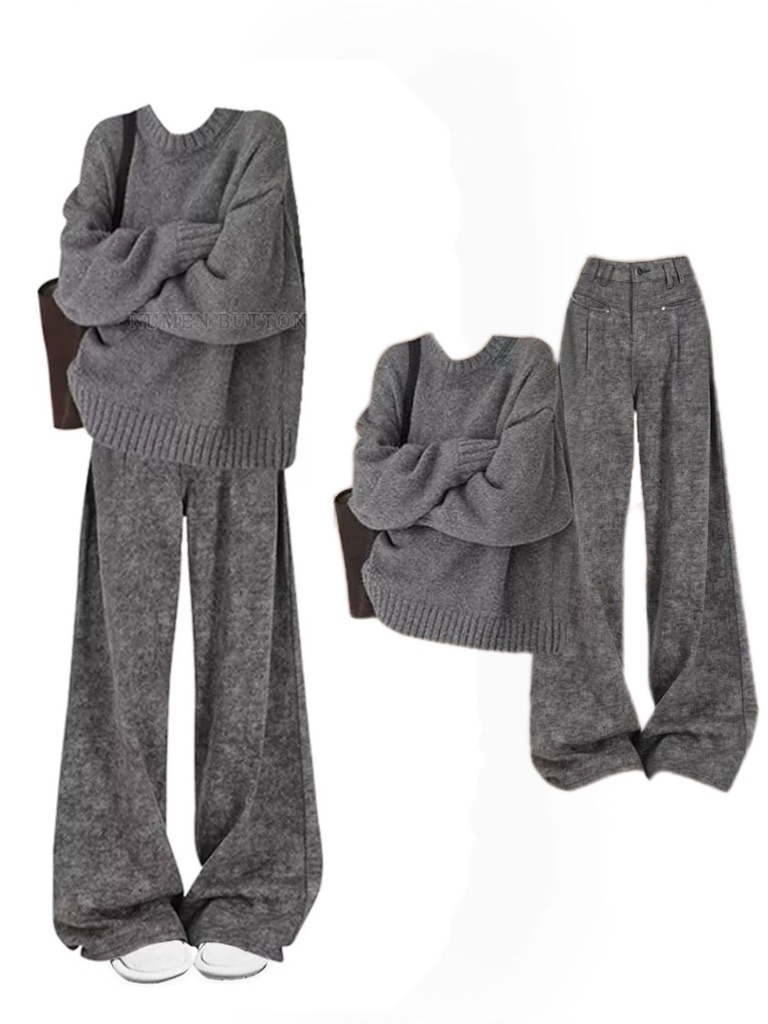秋冬休閒套裝女韓系減齡慵懶風針織衫毛衣高級感闊腿褲兩件套