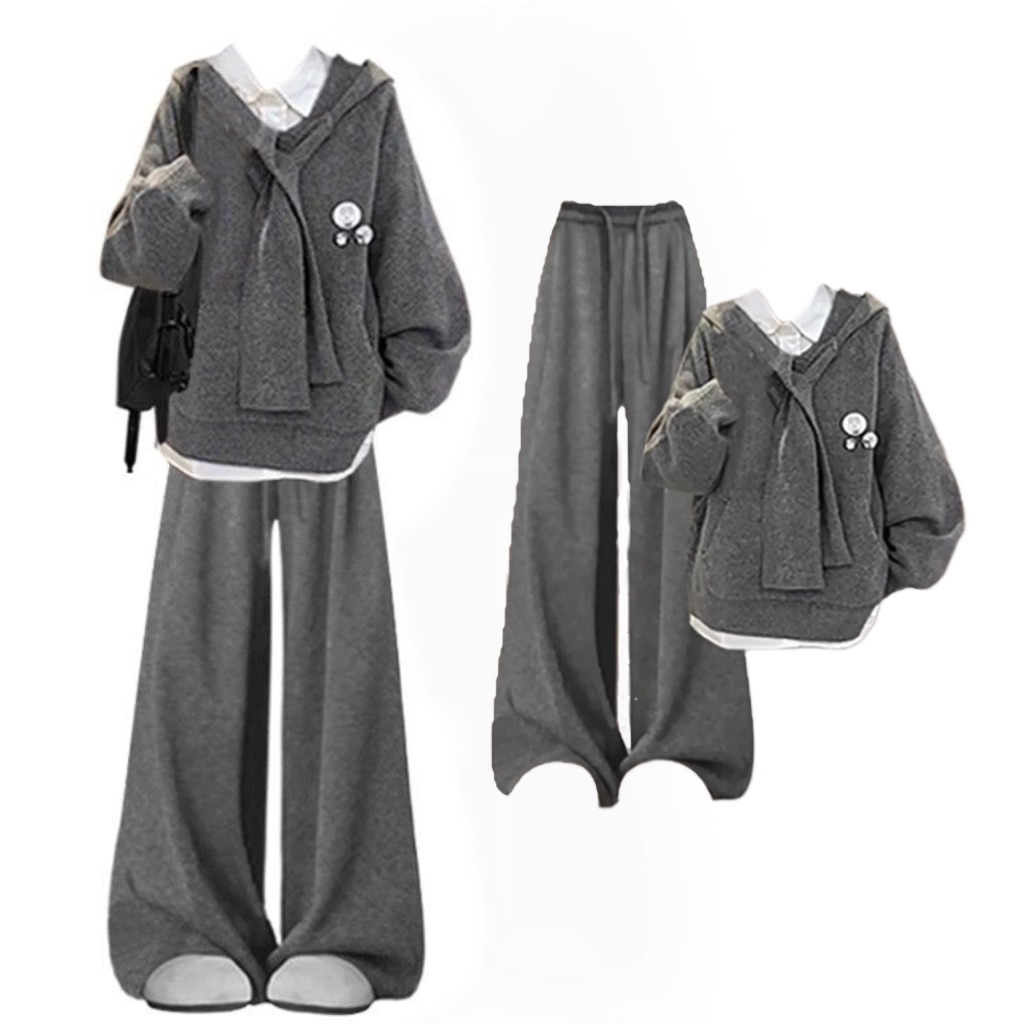 學院風鬆弛感毛衣女秋裝搭配一整套韓系休閒灰色套裝褲