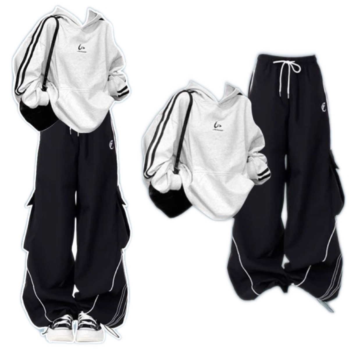 早秋韓系穿搭灰色連帽美式衛衣女秋季2025爆款小個子寬松慵懶套裝4