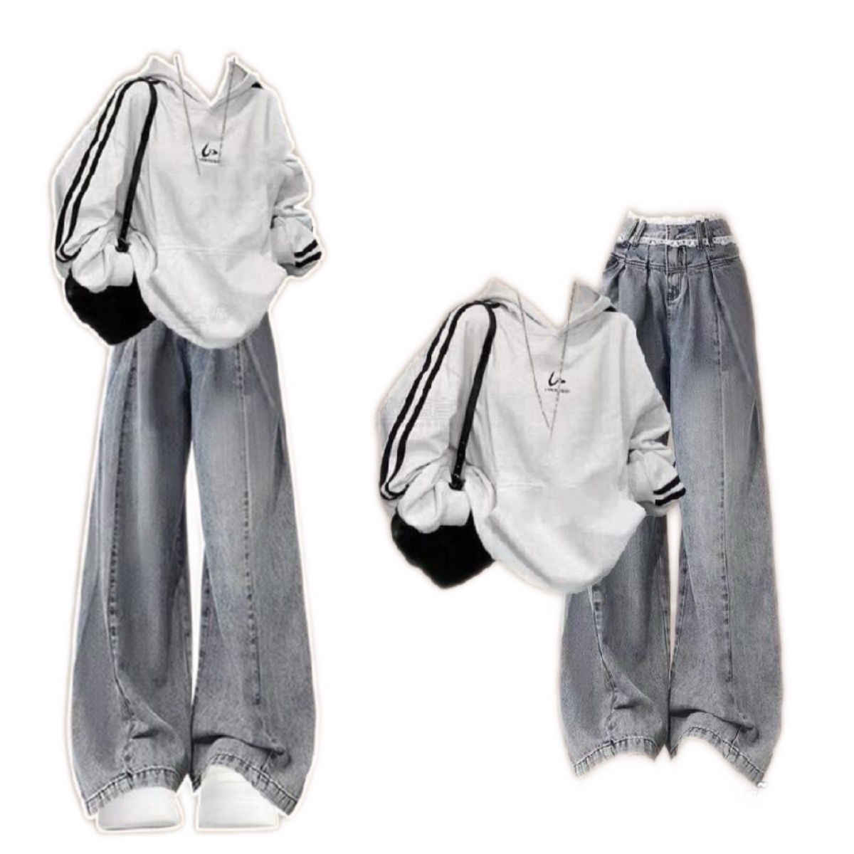 早秋韓系穿搭灰色連帽美式衛衣女秋季2025爆款小個子寬松慵懶套裝3