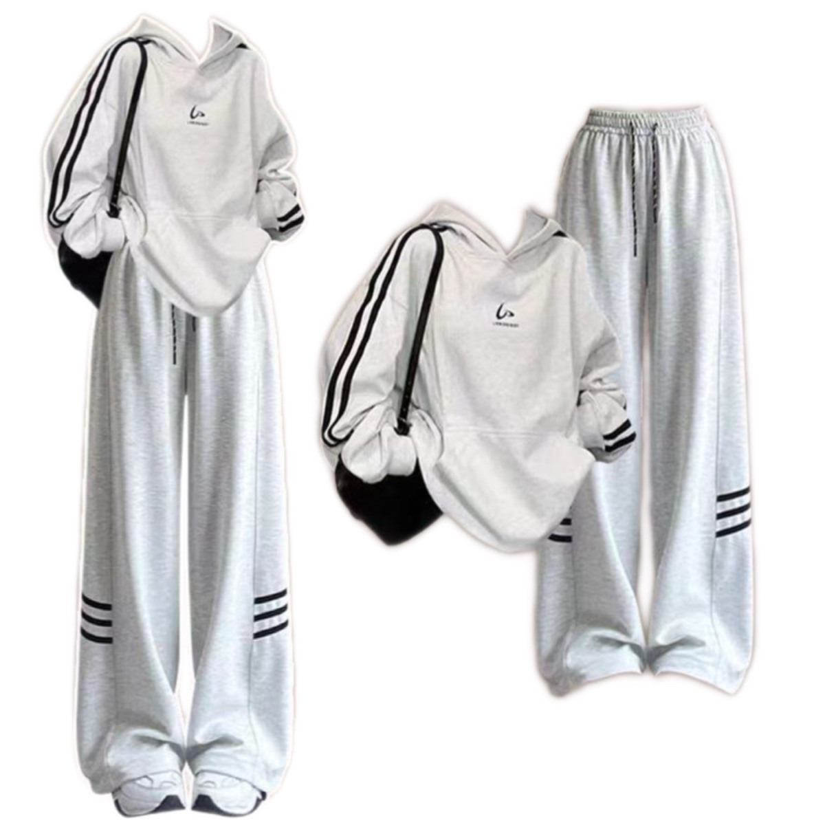 早秋韓系穿搭灰色連帽美式衛衣女秋季2025爆款小個子寬松慵懶套裝2