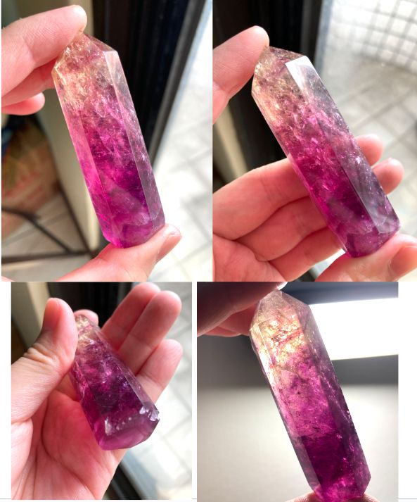 香檳葡萄酒紅星雲光感紫螢石柱（底部有礦缺）