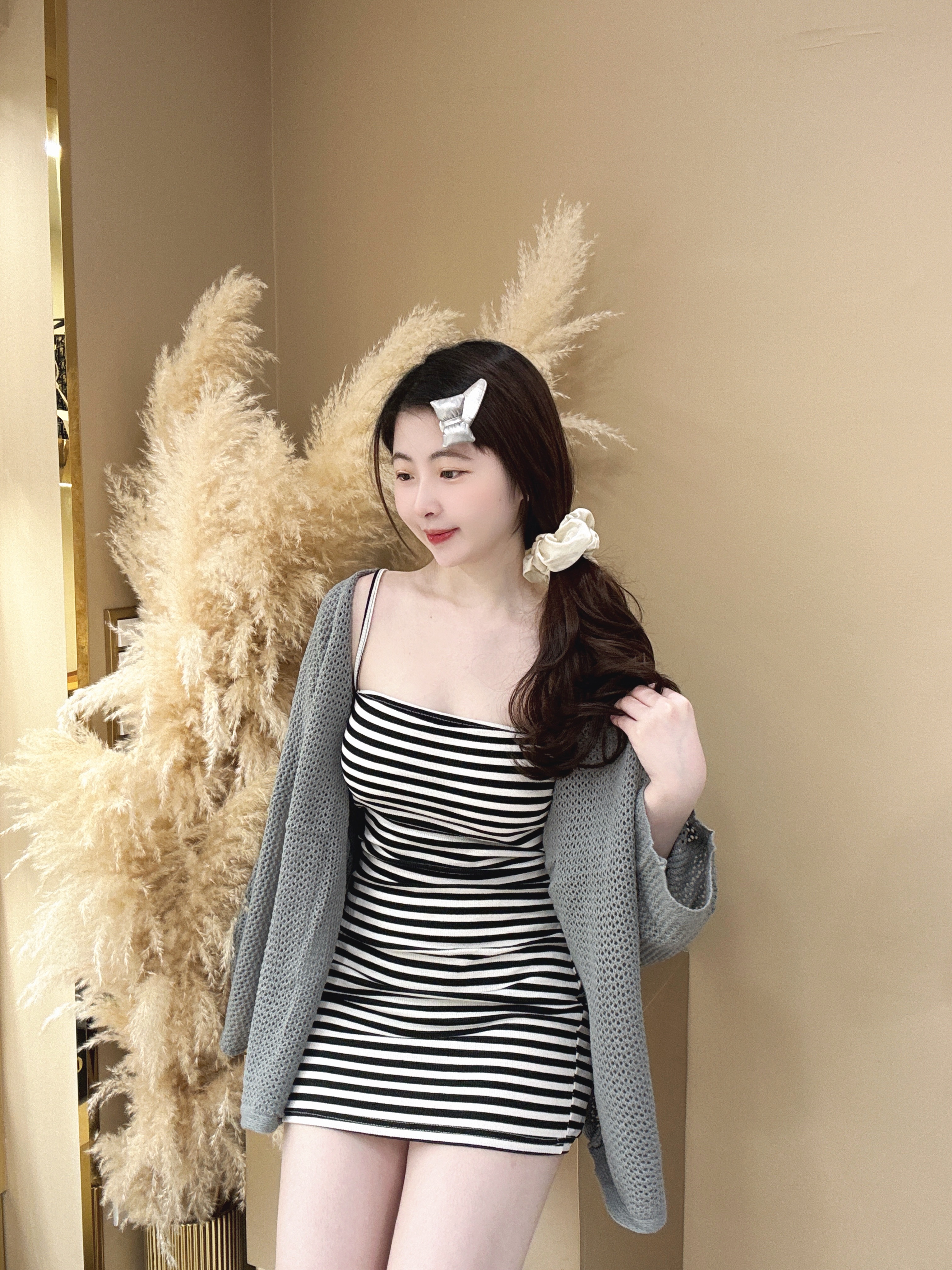 現貨｜條紋短洋裝+鏤空針織外套兩件套