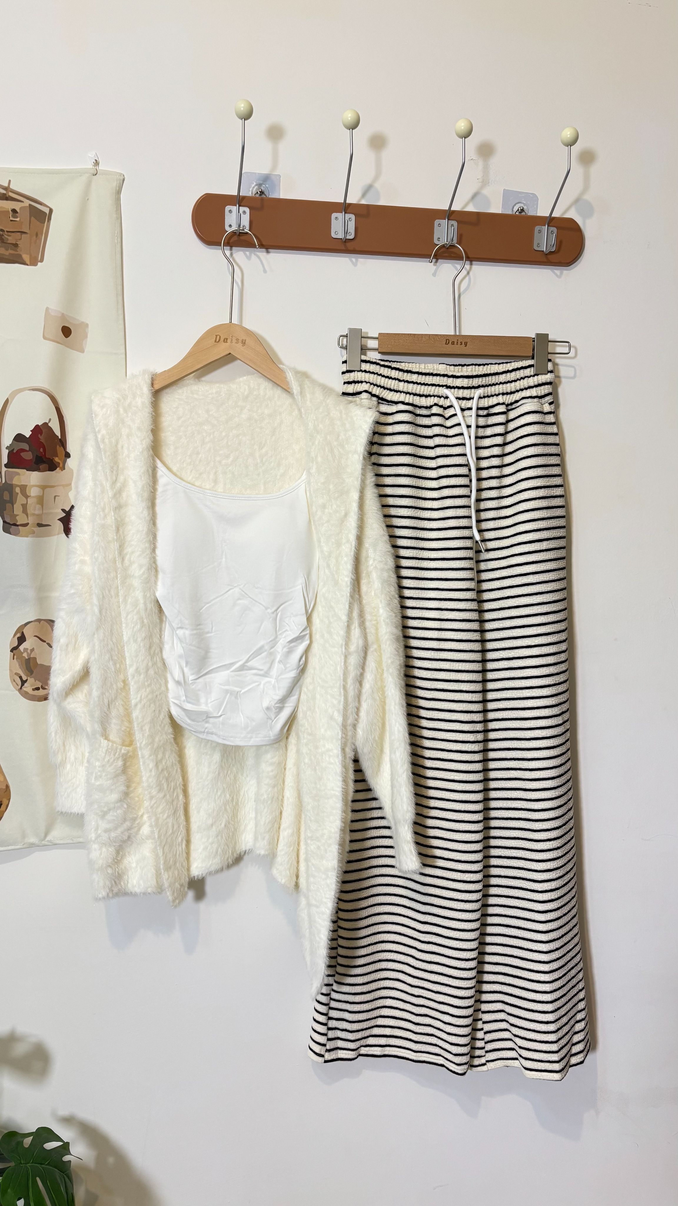 現貨｜慵懶三件套！水貂毛連帽外套＋背心＋條紋長褲