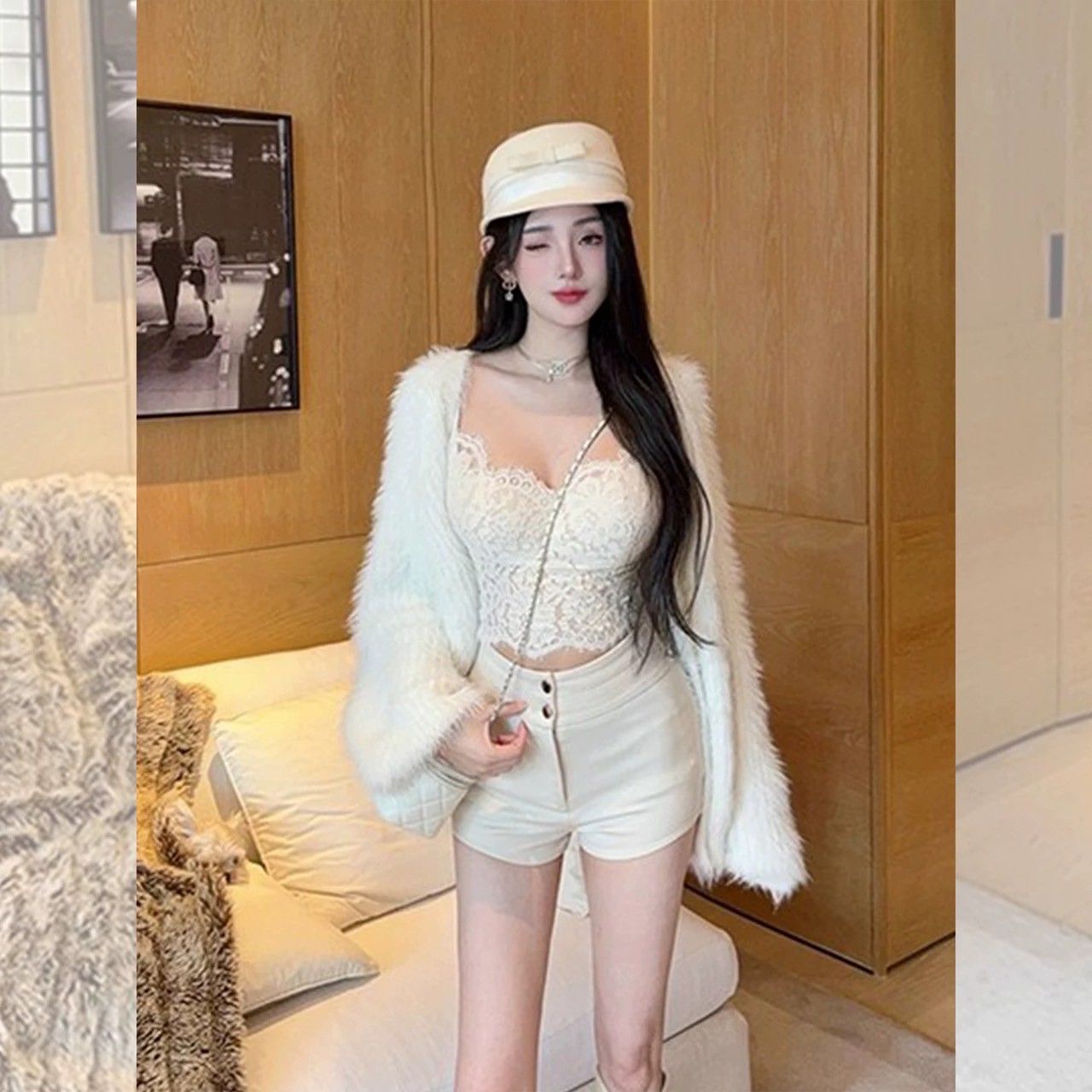 現貨｜富家千金皮草外套+蕾絲背心+高腰短褲三件式套裝