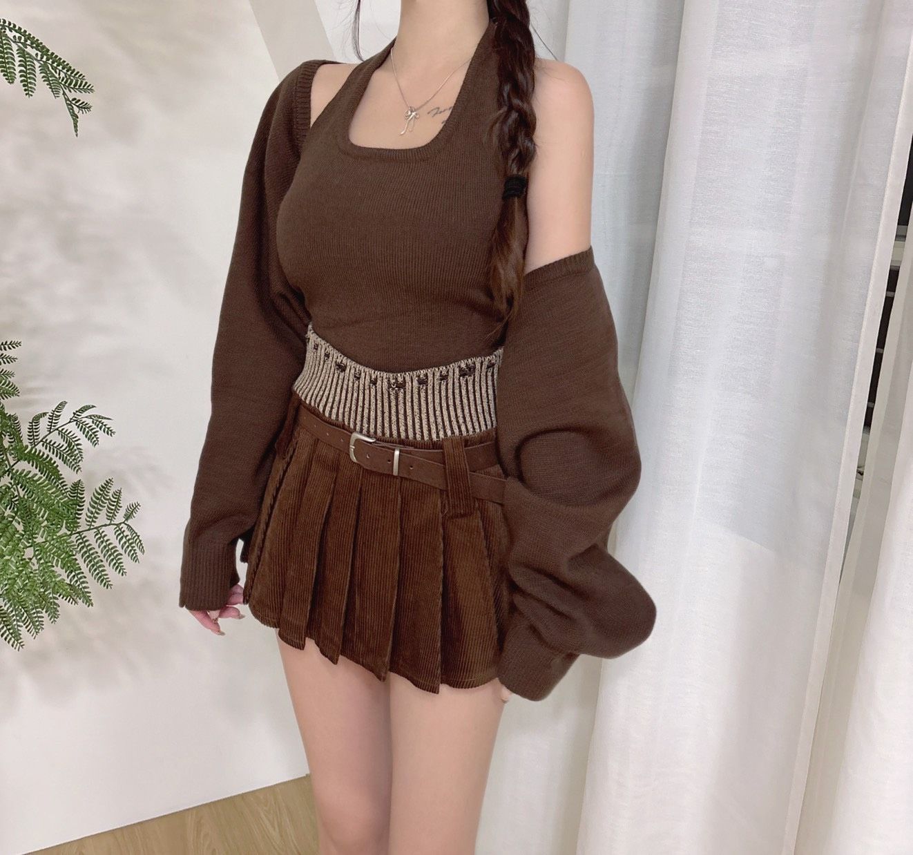 現貨｜美拉德掛脖拼接+百褶裙三件式套裝（2色）