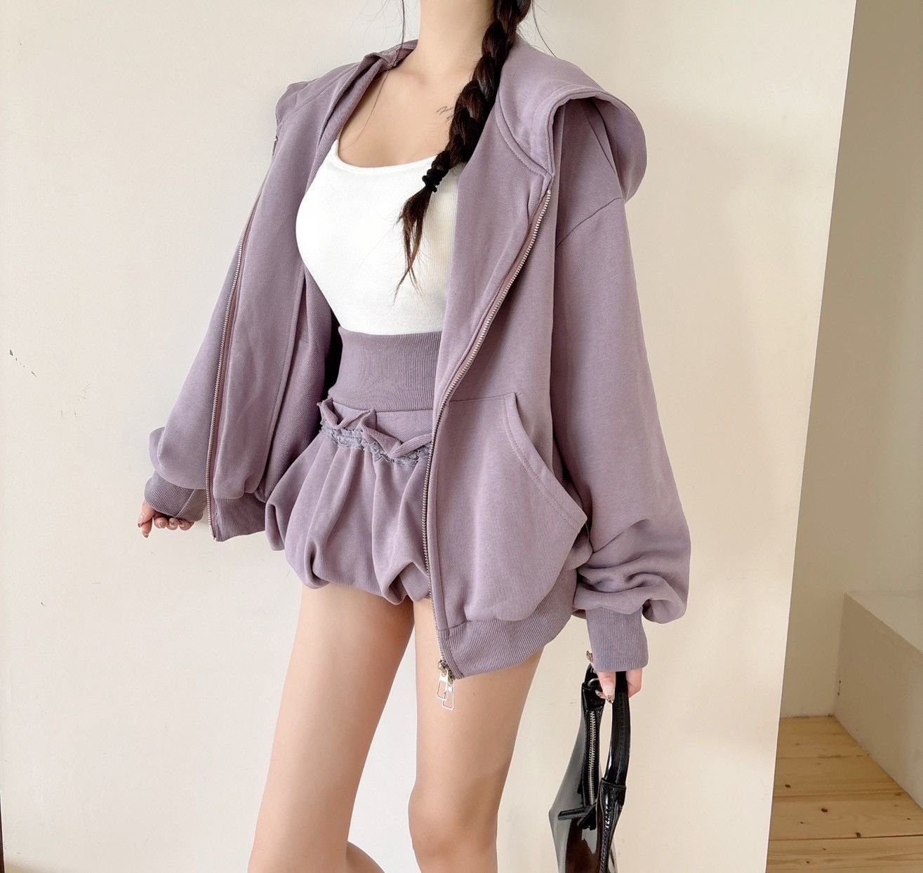 現貨｜高質感，美式長版連帽外+刷破花苞褲裙（3色）