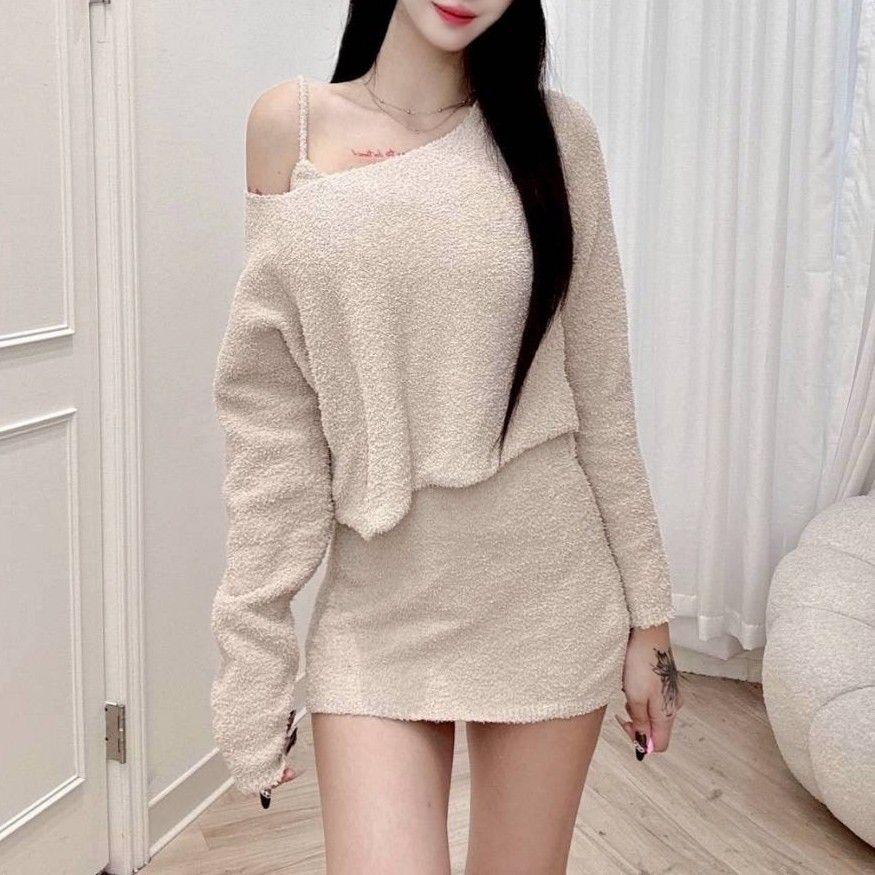 現貨｜QQ毛帶胸墊洋裝+斜肩長袖上衣兩件式套裝 #3507