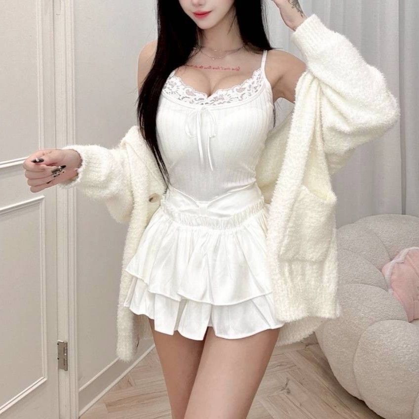現貨｜純欲水貂毛外套+蛋糕裙+蕾絲帶胸墊背心三件式套裝 #393
