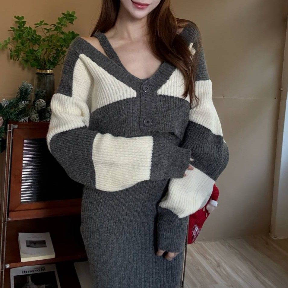 現貨｜條紋針織+背心+長裙三件式套裝（3色） #871