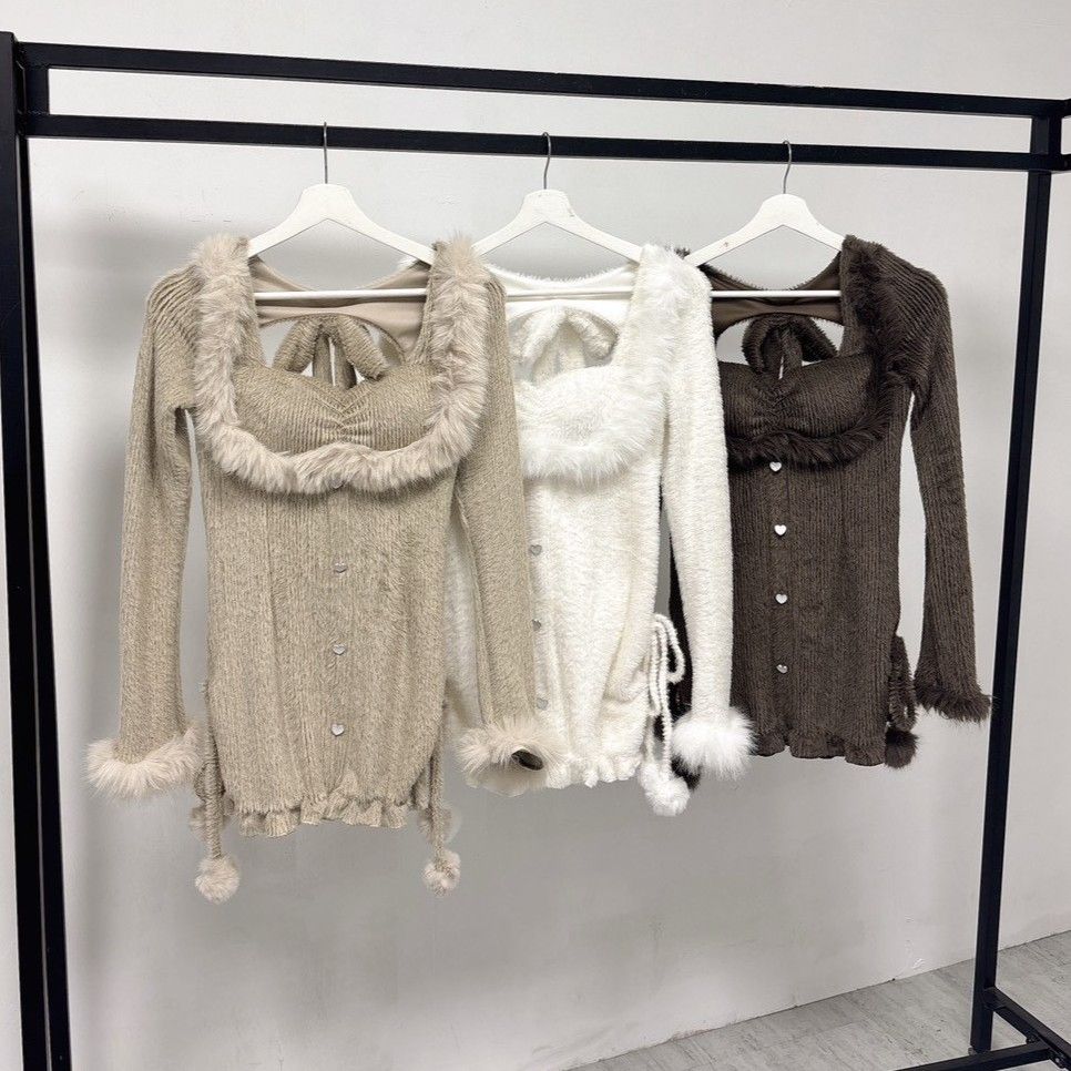 現貨｜水貂毛愛心釦美胸毛球洋裝（3色）#1132