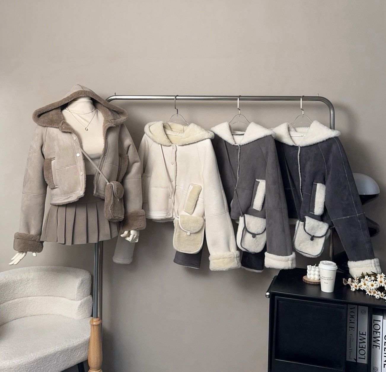 現貨｜訂製款附包包，麂皮拼接毛毛連帽外套（4色）#5510