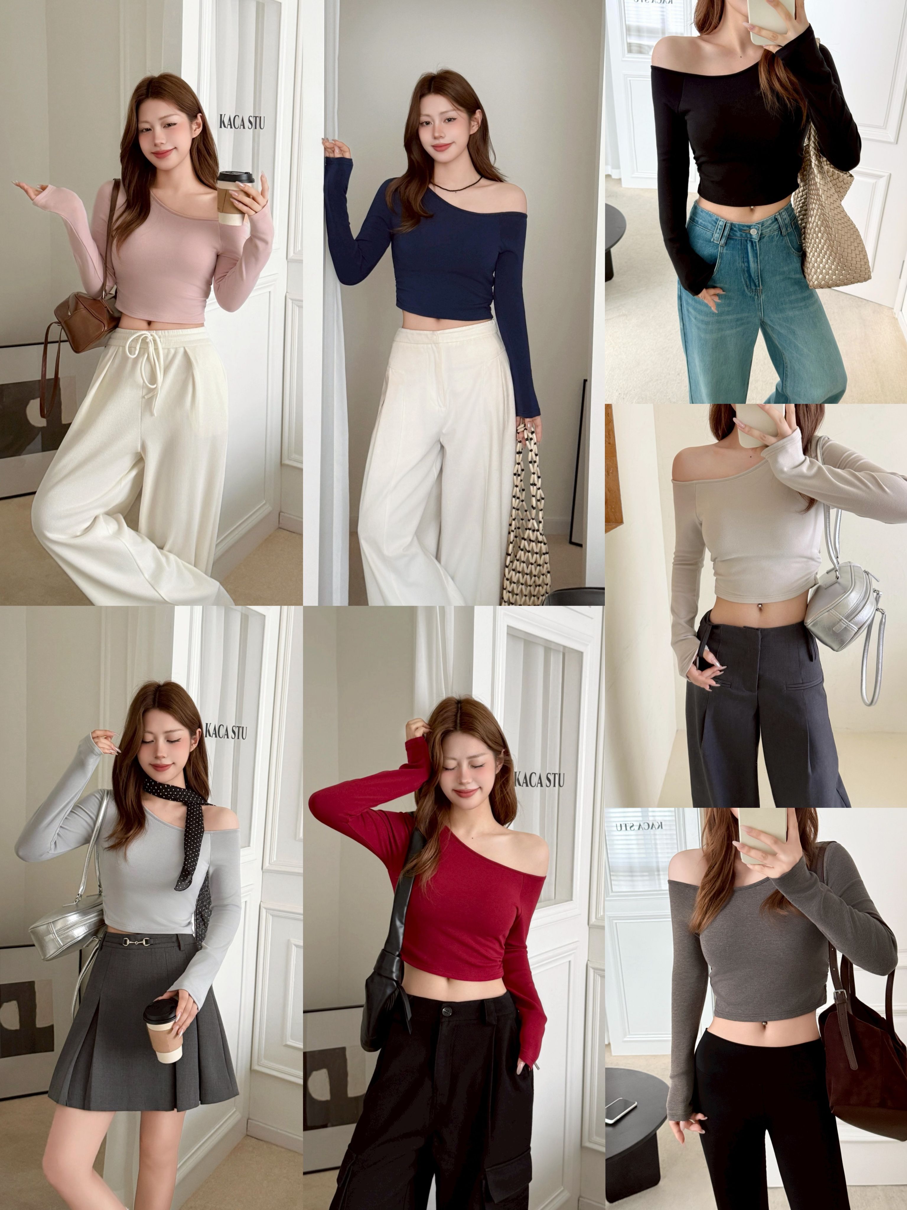 現貨+預購｜羊絨側抓皺帶胸墊斜肩上衣（7色）