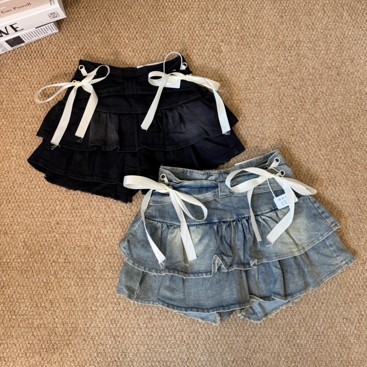 現貨｜造型綁帶牛仔蛋糕裙（2色）#6722