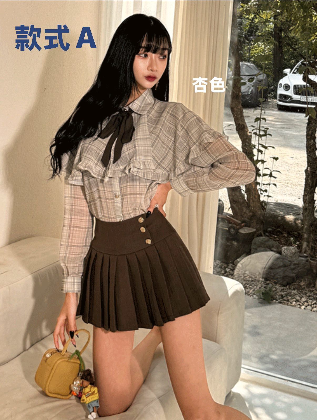 韓adress雪紡格紋斗篷上衣-03GO