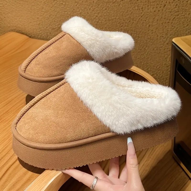 厚底毛毛雪靴拖鞋 米白/棕色 厚底保暖