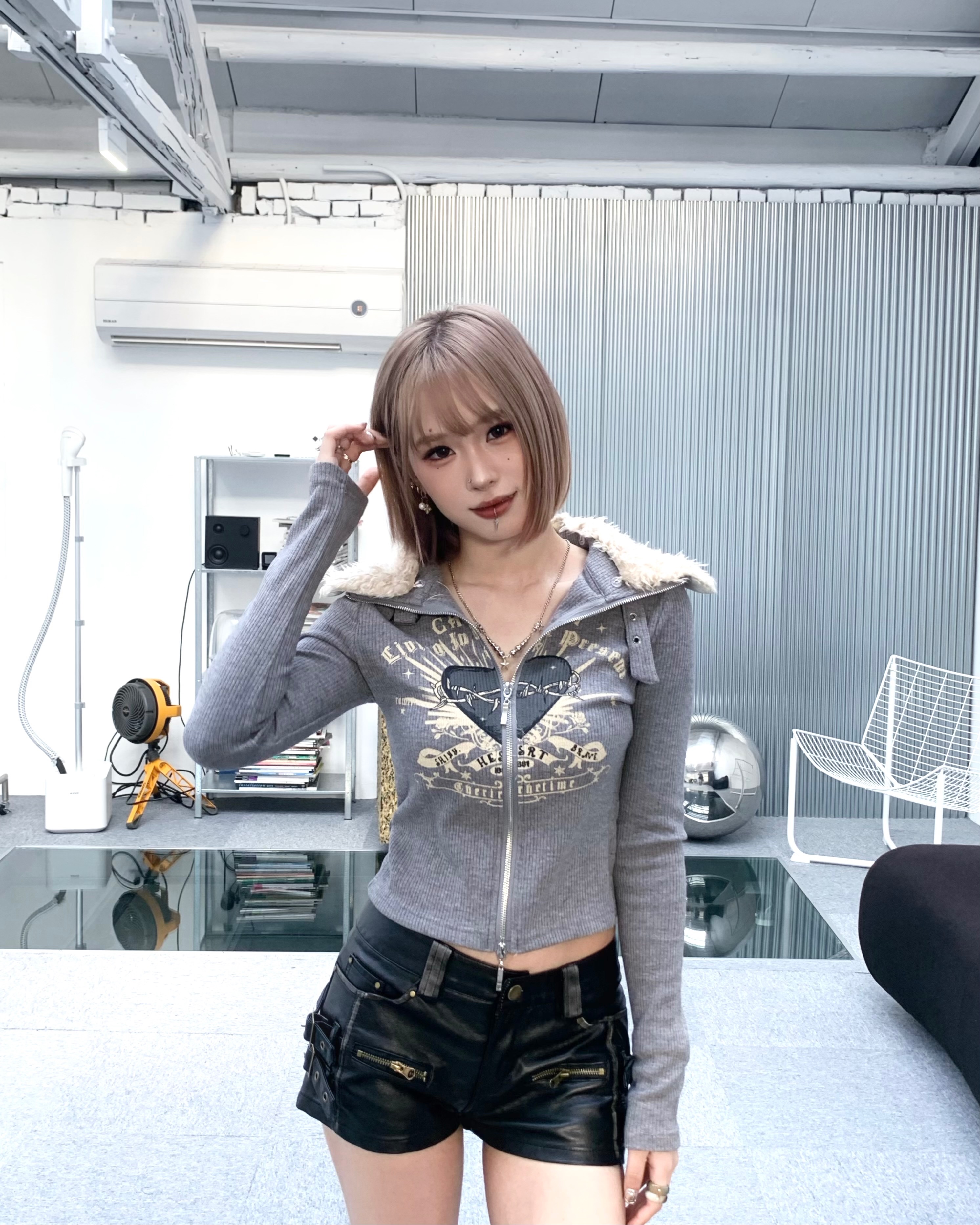 💖 Y2K千禧辣妹 毛領可拆💖可立領穿 美式愛心羊羔毛雙拉鍊羅紋衣