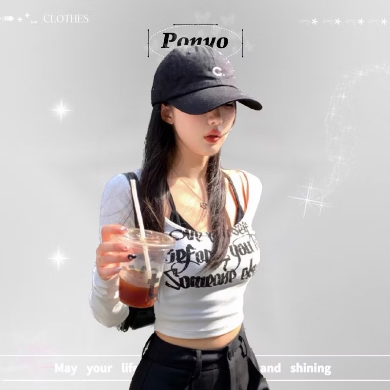 𝑷𝒐𝒏𝒚𝒐 現貨S 熱銷破百🔥美式復古辣妹字母長袖+小吊帶背心 兩件套 套裝
