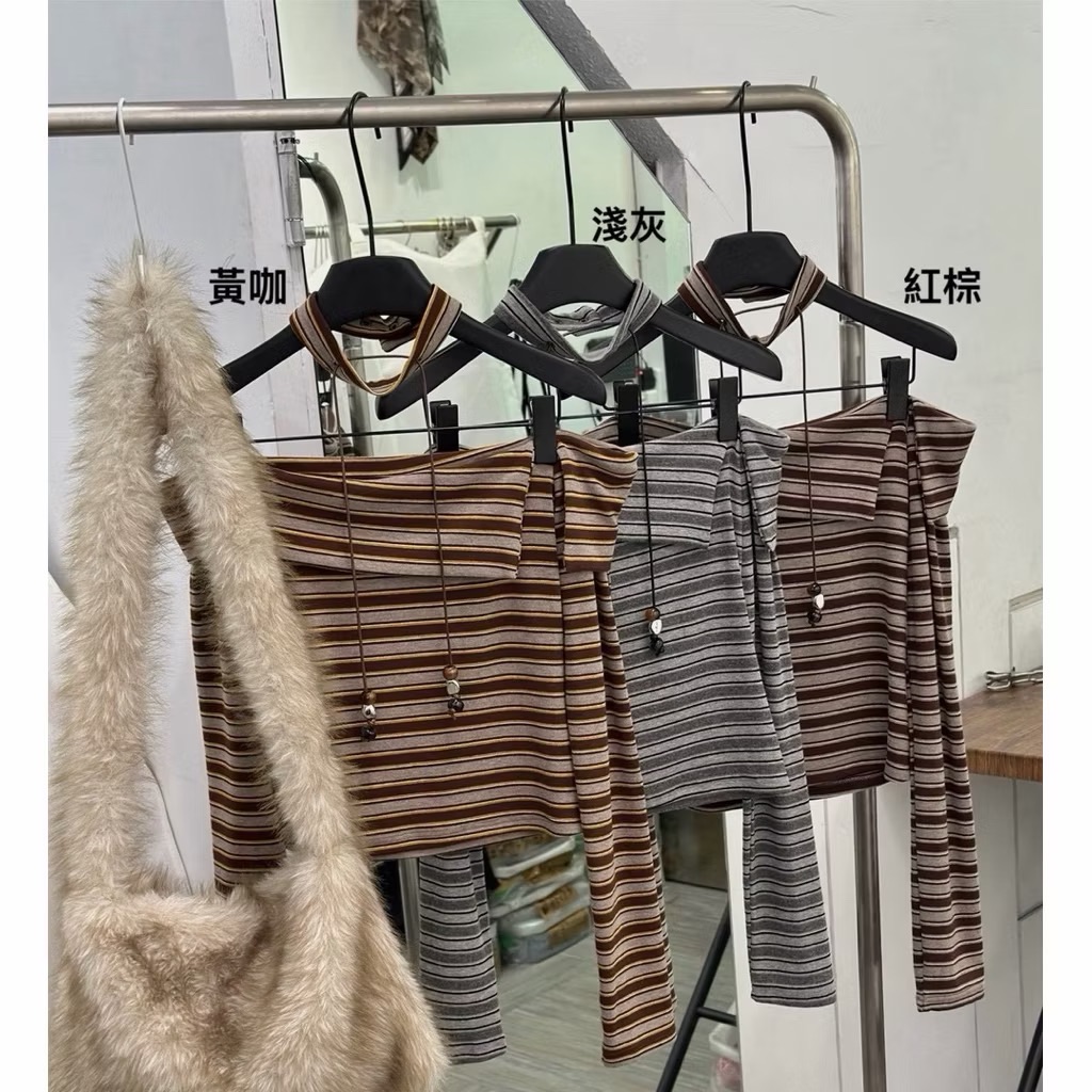 𝑷𝒐𝒏𝒚𝒐現貨 美式條紋繞脖一字領上衣