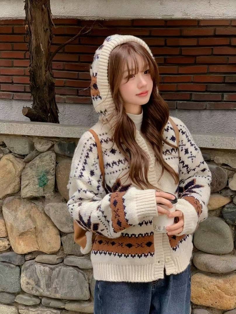 韓網圖騰針織連帽外套