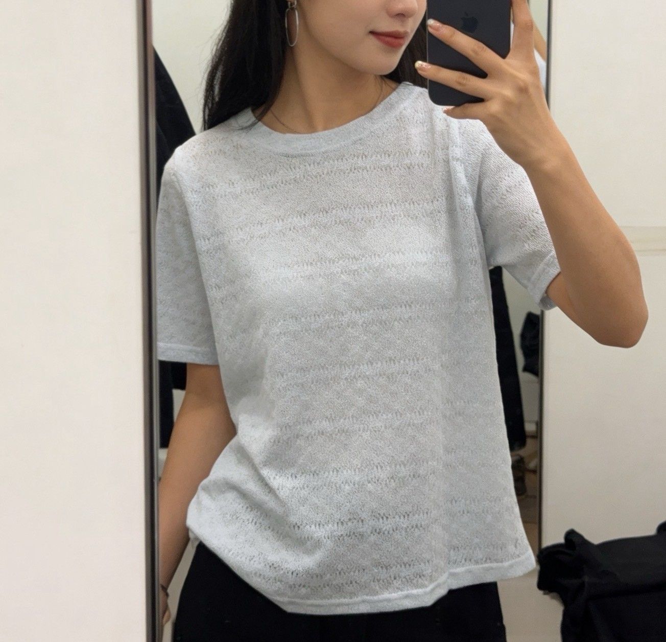 ☺現貨降價出清☺編號8280❣️韓系甜美波浪紋透膚圓領上衣