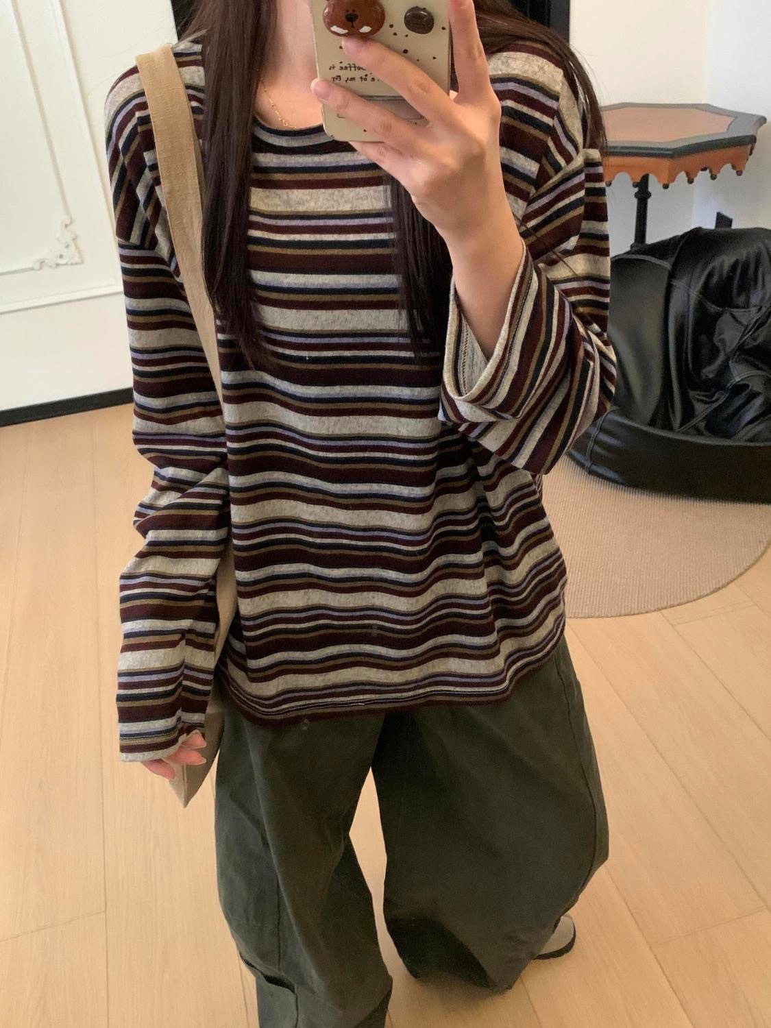 ꒰秋天咖啡撞色條紋長袖꒱♡
