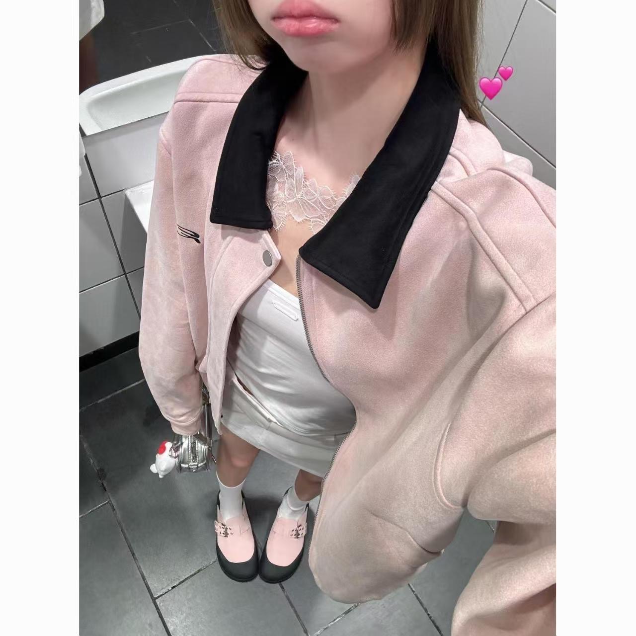 ꒰粉嫩嫩翻領仿麂皮夾克外套꒱♡可愛