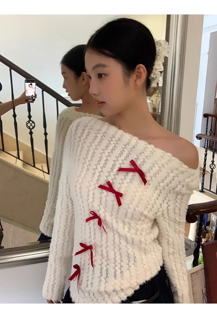 聖誕必備꒰紅色蝴蝶結白色針織毛衣꒱♡