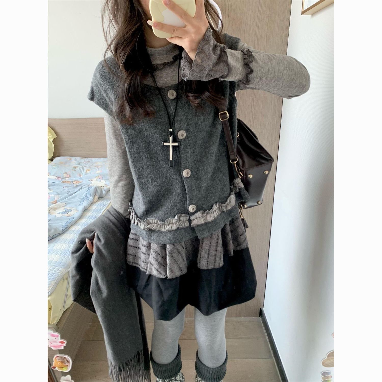 日系復古灰色疊穿套裝♡
