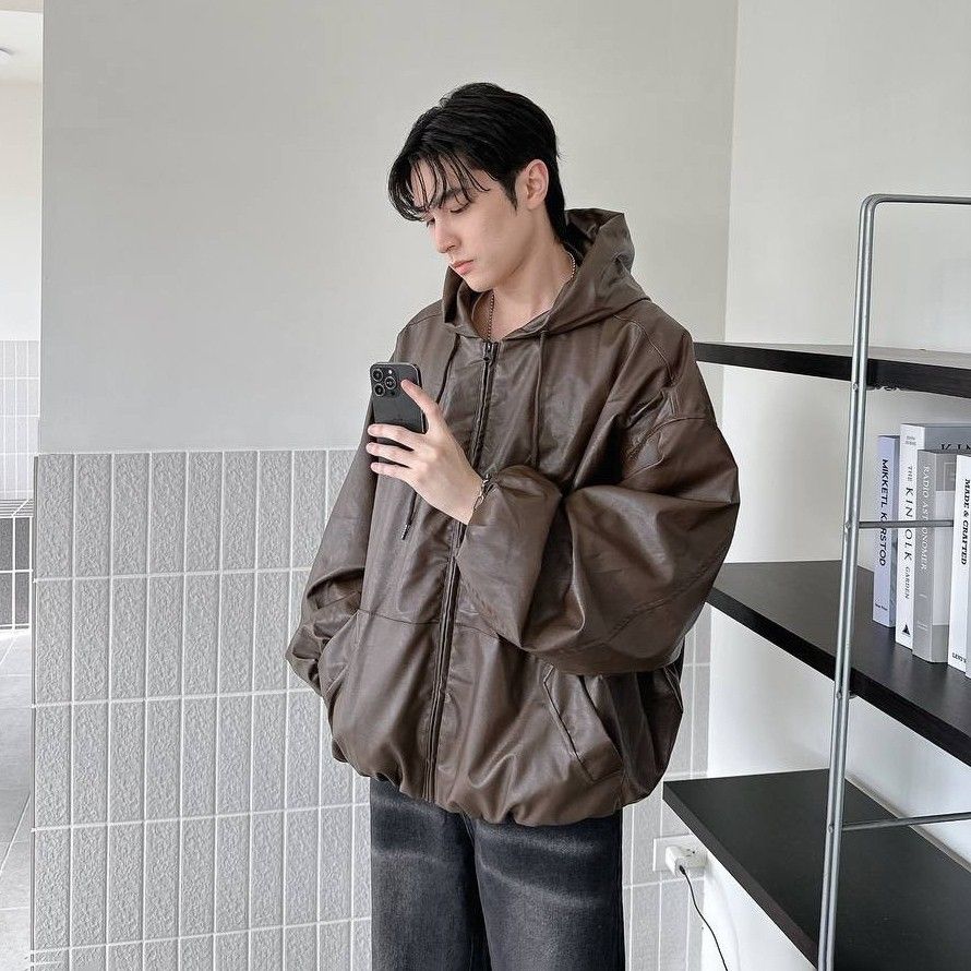 皮革束口廓形連帽外套