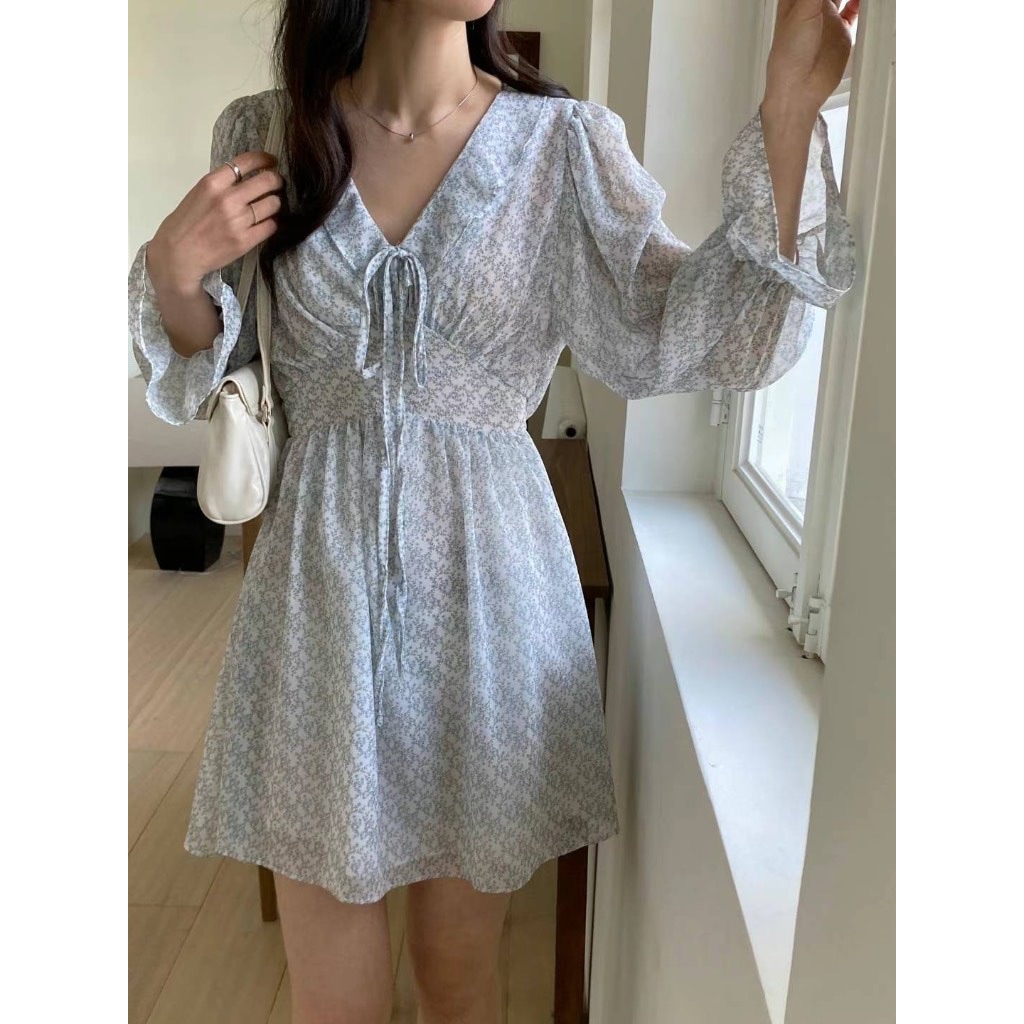 荷葉邊碎花網紗洋裝 韓版洋裝 休閒洋裝 女生洋裝