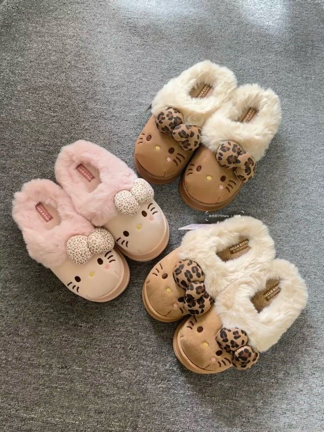 正版授權 三麗鷗 HELLO KITTY 豹紋 櫻花 毛絨鞋