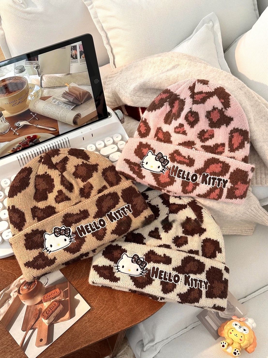 正版授權 三麗鷗 HELLO KITTY 豹紋 櫻花 針織 毛帽 圍巾