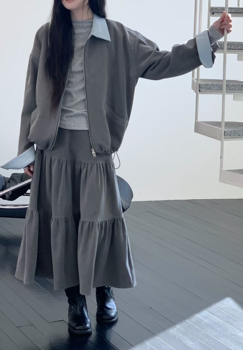 🇰🇷正韓霧感亞麻皮領夾克外套/霧感亞麻抓皺半裙