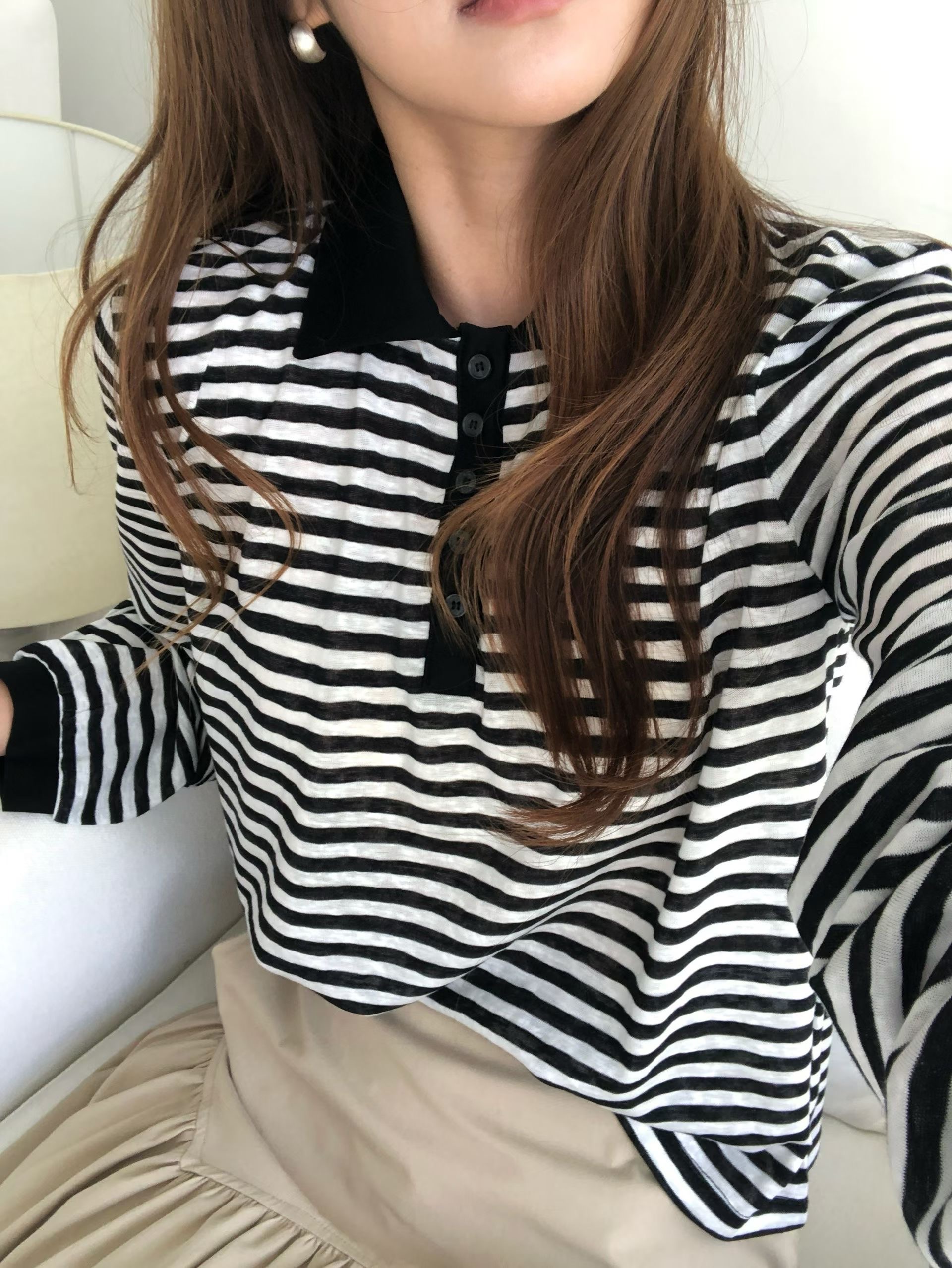 經典條紋polo領長袖上衣