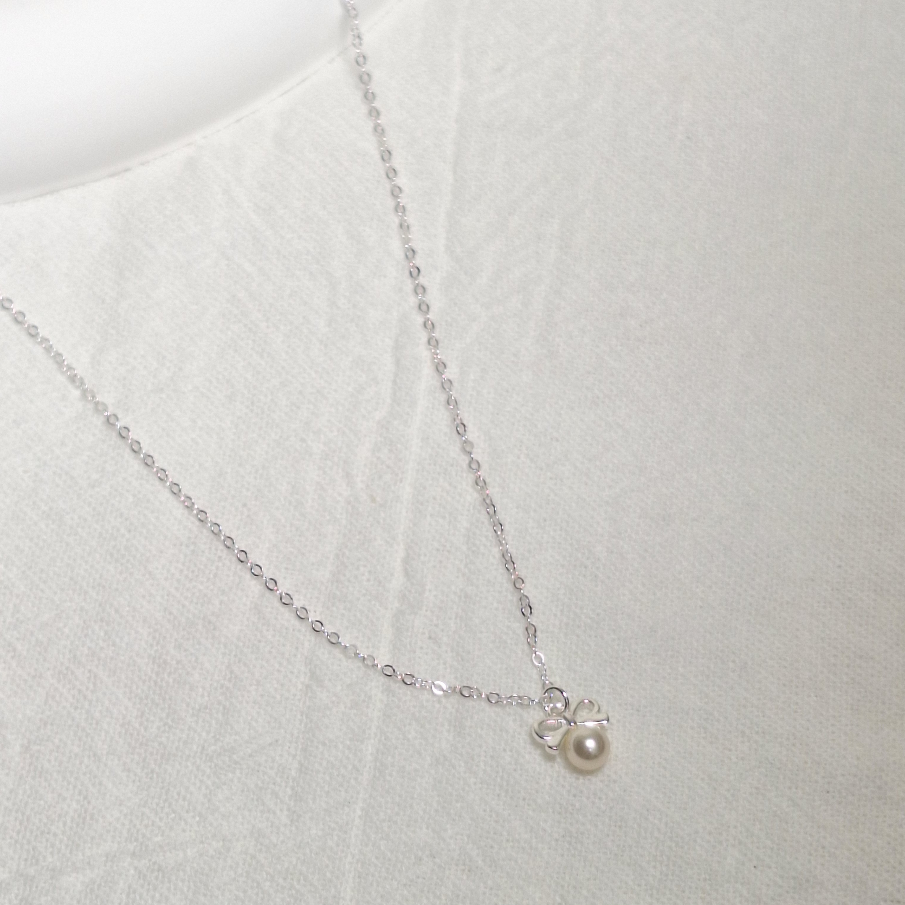 《925純銀》韓版蝴蝶結珍珠項鍊