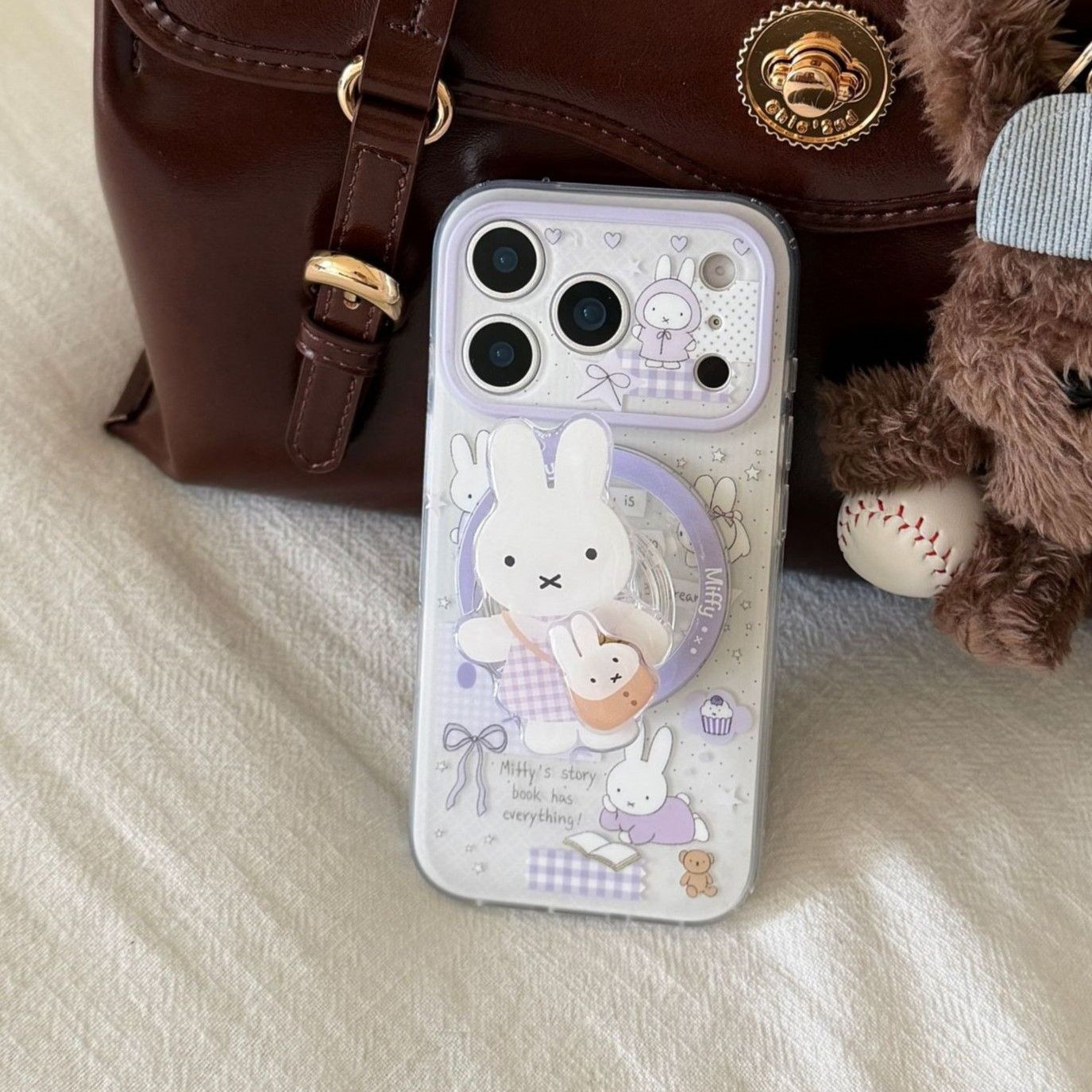 11 p.m.| 可愛淡紫色米菲兔 親膚霧面磨砂 造型旋轉磁吸支架 iPhone手機殼（14-17）